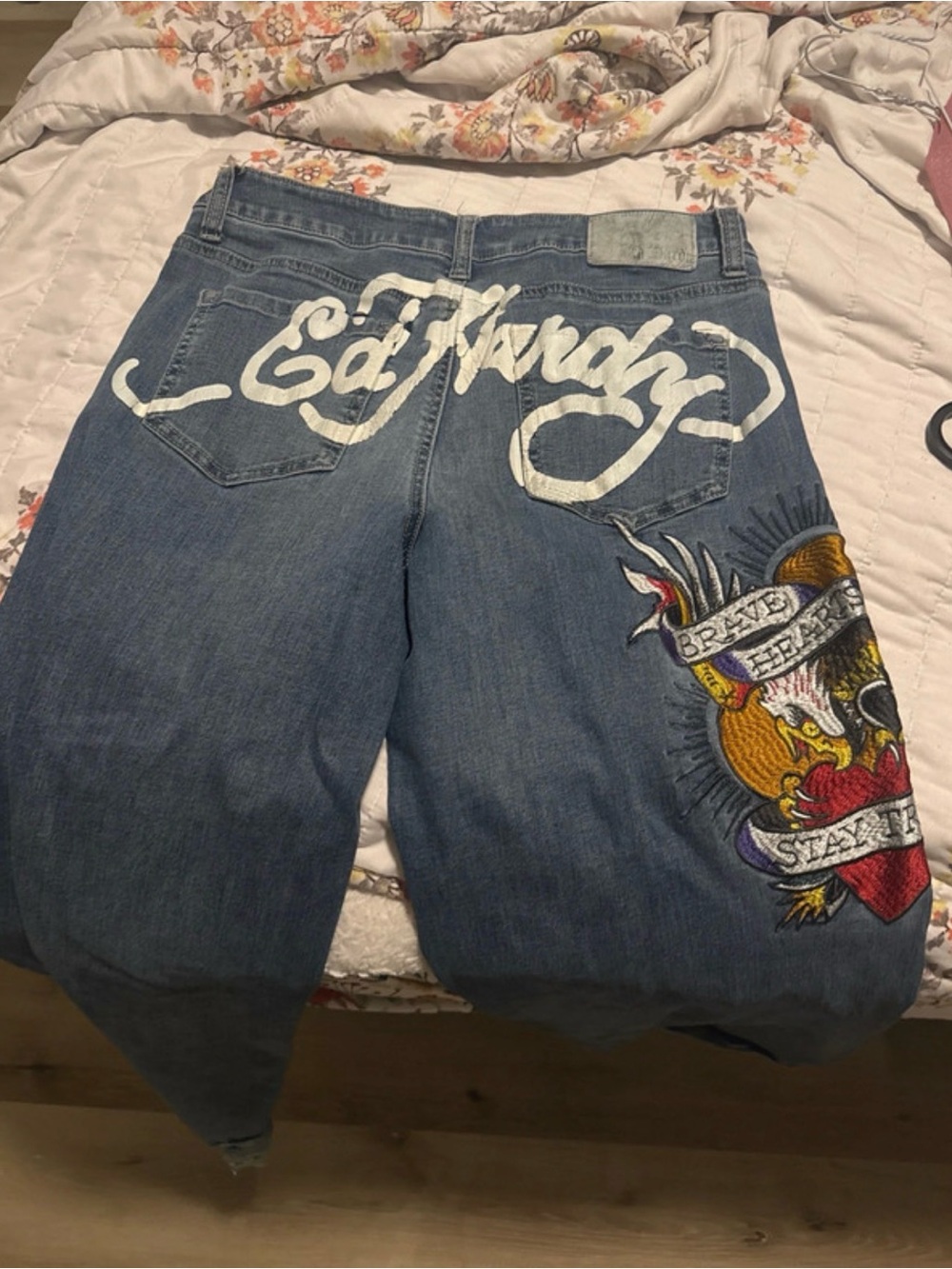 Ed Hardy Blue Denim baggy jeans with Embroidered Graphic